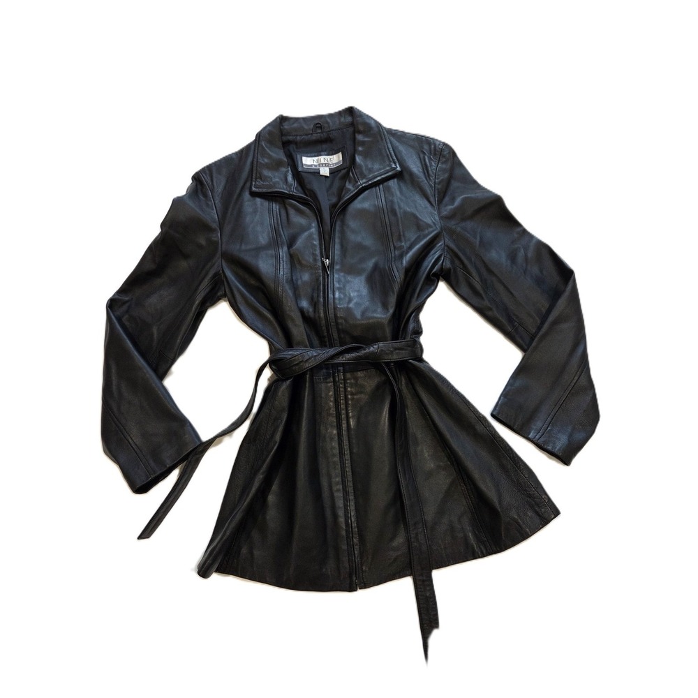 Nine and Company Soft Black Genuine Leather Waist Tie Belted Coat Jacket Sz L